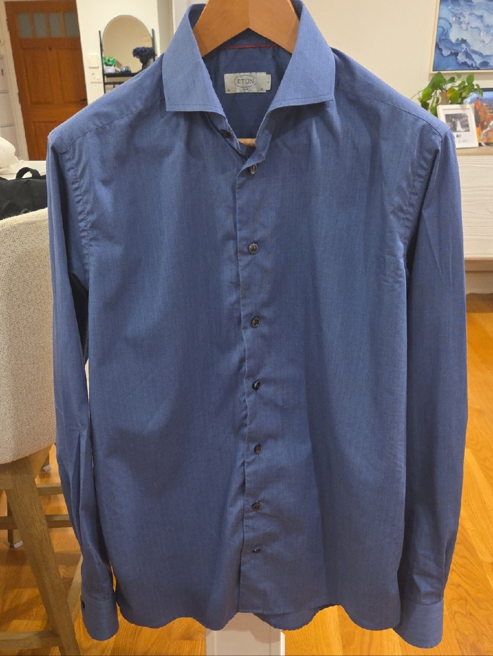 Eton Men's Slim Fit Herringbone Dress Shirt in Deep Blue W/ Spread Collar (16)